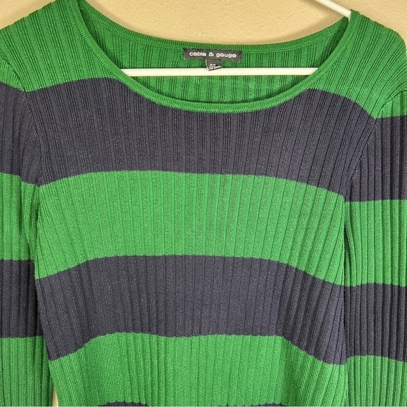 SMALL CABLE AND GAUGE GREEN BLUE STRIPED COLORBLOCK KNIT SWEATER BELL SLEEVE - Picture 3 of 9